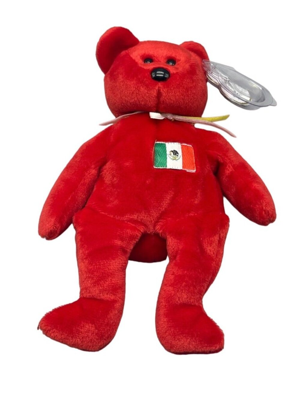 TY 1999 Original Beanie Baby bear Ostio fuzzy red with Mexican flag chest READ